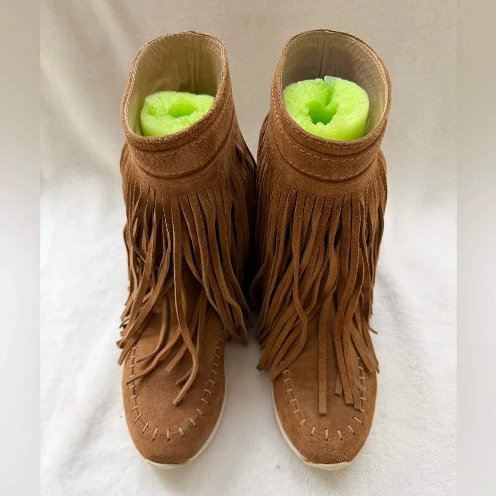 Maison Des Talons Anthropologie Tan Suede Fringe Mocassin Half Boots Size 38/8